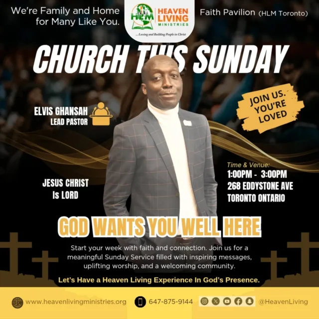 THIS SUNDAY! Join Us.
WORSHIP WITH US 1:00pm EST
At 268 Eddystone Avenue Toronto Ontario 

YOU WILL BE BLESSED.

The God of All Grace Shall Divinely Settle you for a Meaningful Life.
JESUS CHRIST Is LORD. He Loves You and Wants You Well Here.

HLM is Family and HOME  for Many Like You.

THE LOVE OF CHRIST AWAITS YOU.

 #ThisSunday  #YearOfDivineSettlement #HeavenLiving #InCHRIST #PastorElvisG